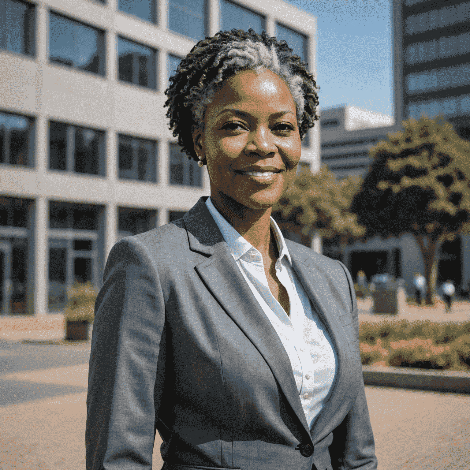 Portrait of Jane Nkosi, a professional Black woman in her 40s wearing a tailored grey suit, with short natural hair and a warm smile, standing in front of a modern office building in Johannesburg