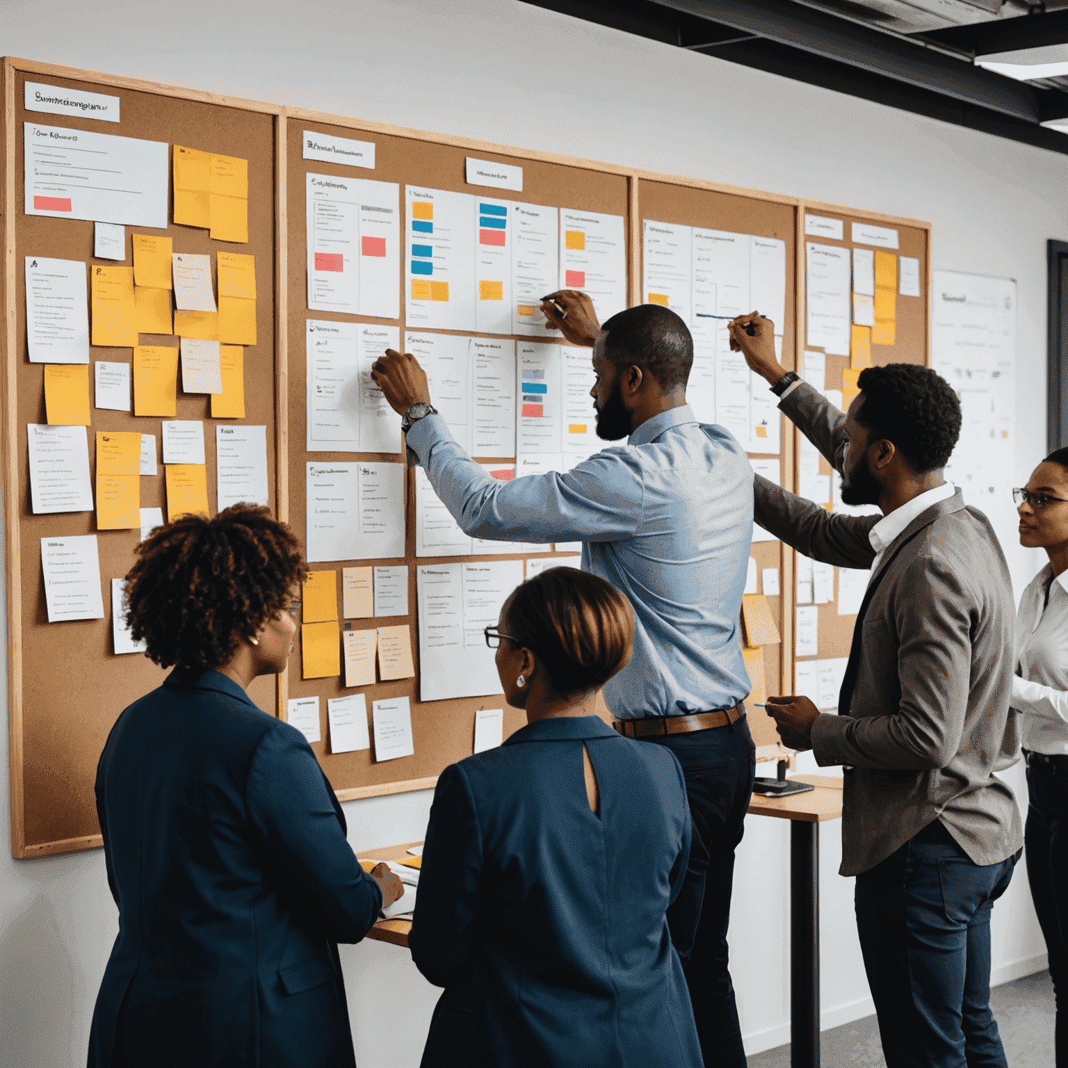 A group of diverse professionals collaborating on a kanban board, representing agile methodologies in a South African SME office setting