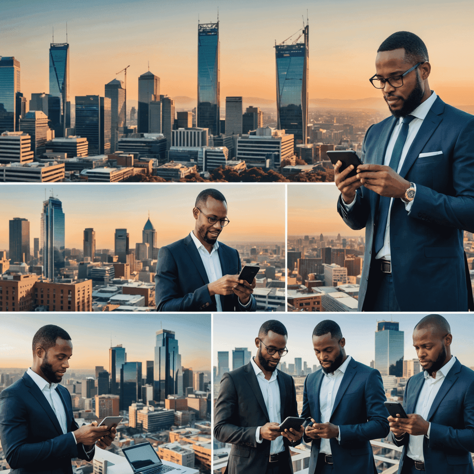 A collage showing various South African SME owners using mobile banking apps and financial management tools on their devices, with Johannesburg skyline in the background