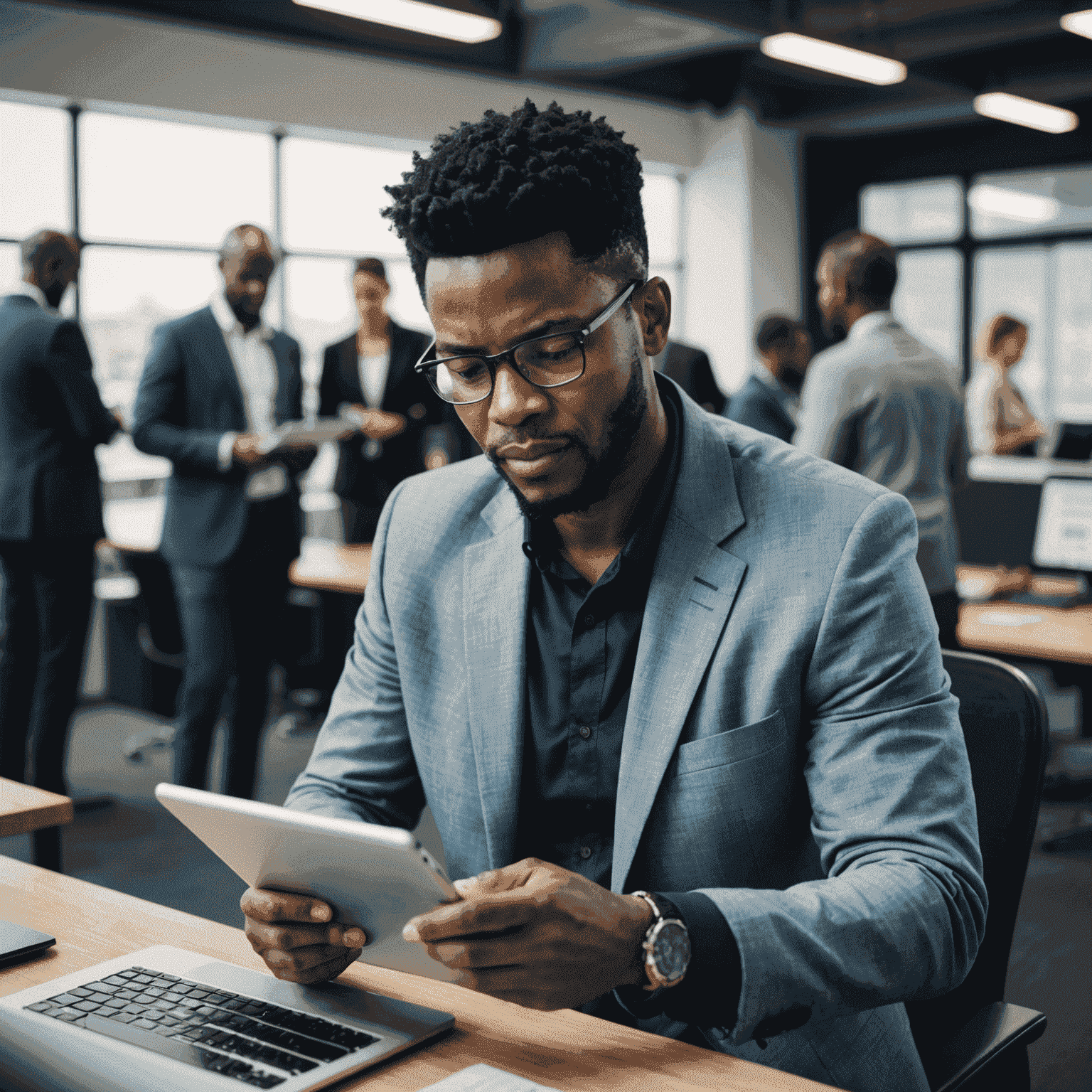 A South African small business owner using a tablet to manage digital operations, surrounded by employees working on computers in a modern office setting