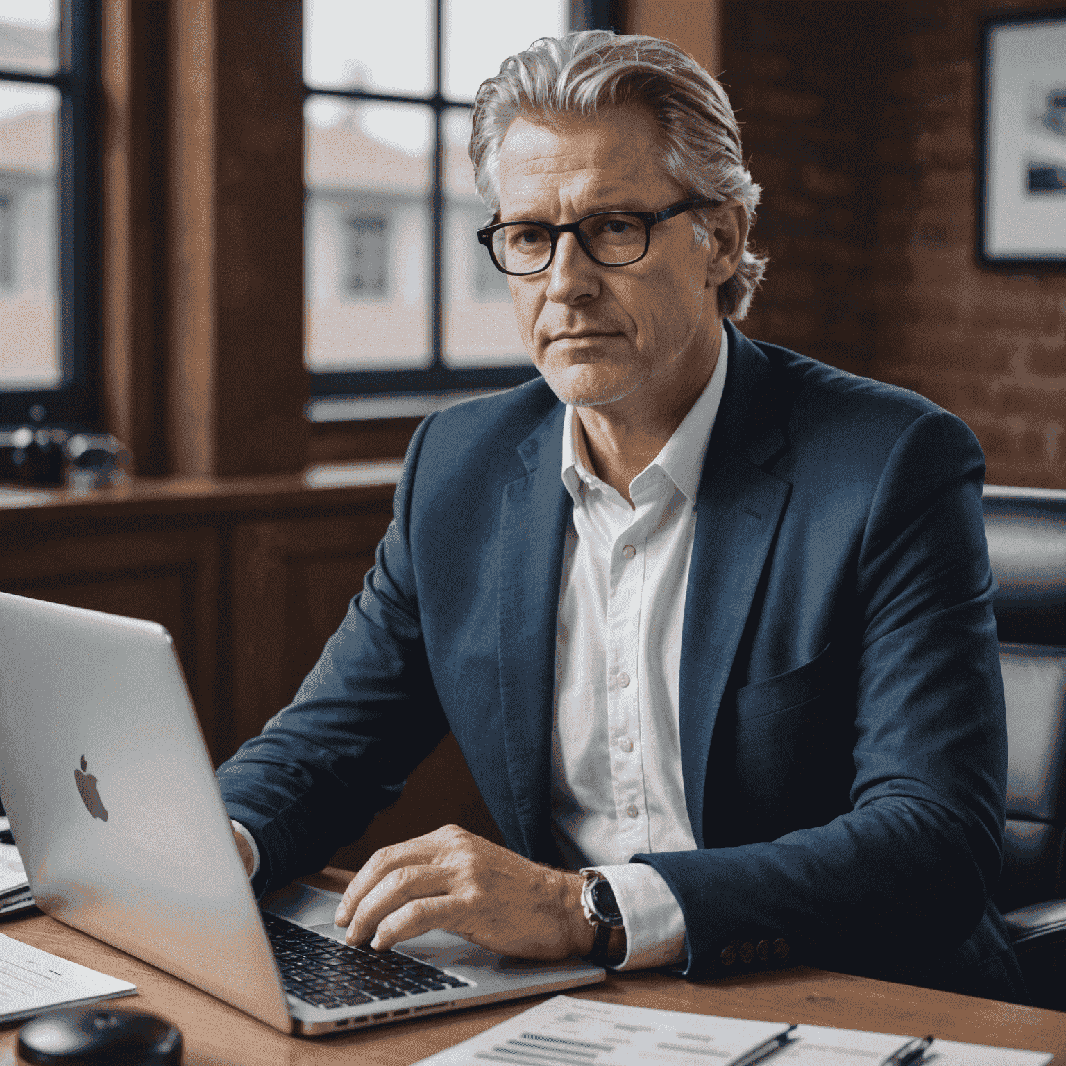 Portrait of Michael van der Merwe, a middle-aged White man with salt-and-pepper hair and glasses, wearing a navy blue blazer and white shirt, sitting at a desk with financial reports and a laptop