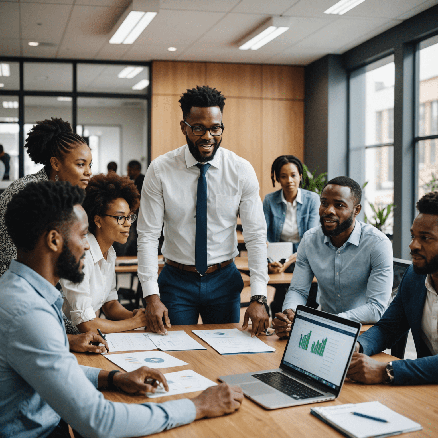 A project coordinator leading a diverse team meeting in a modern South African office, using digital tools to track agile sprints