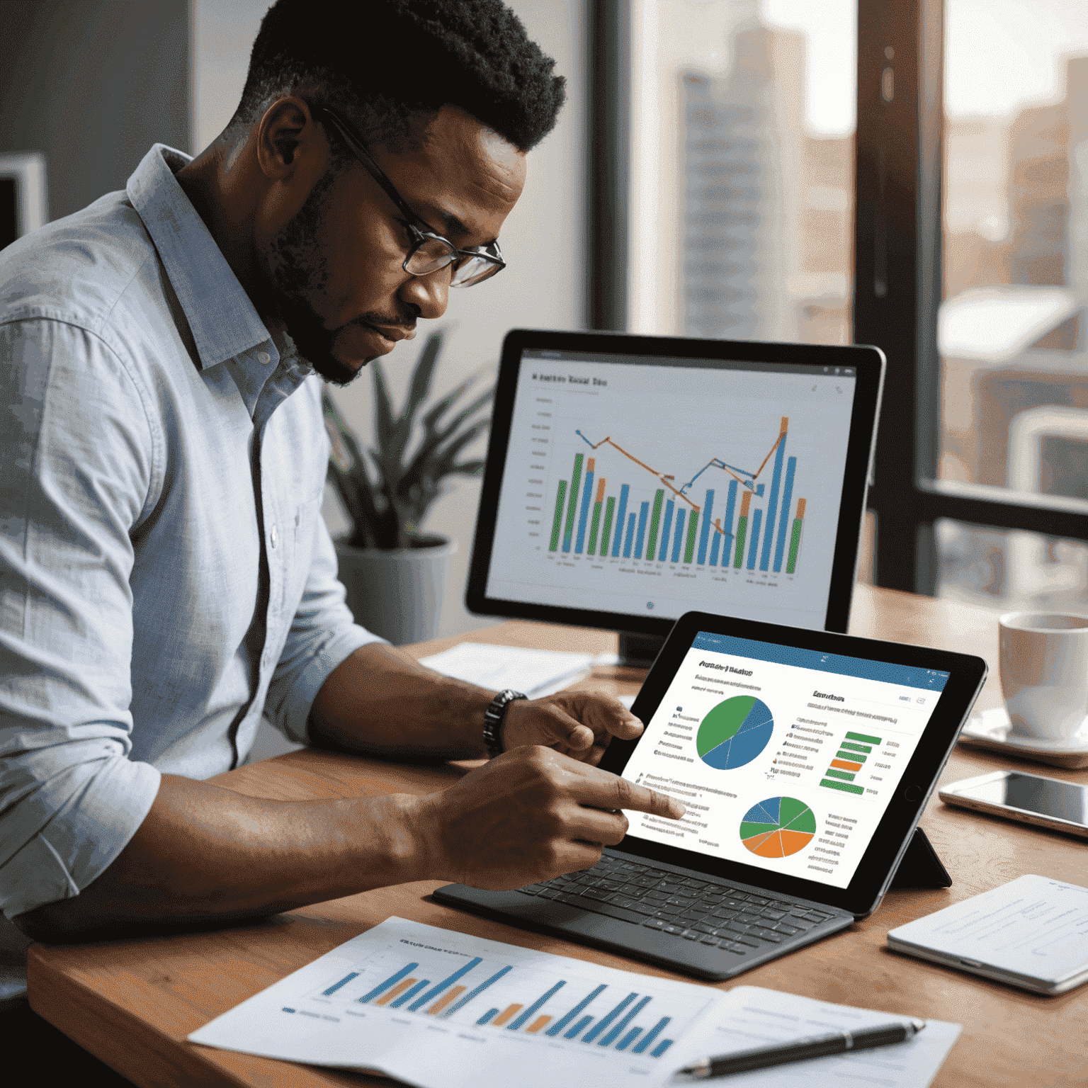 A South African entrepreneur reviewing loan options on a tablet, with graphs and financial data displayed