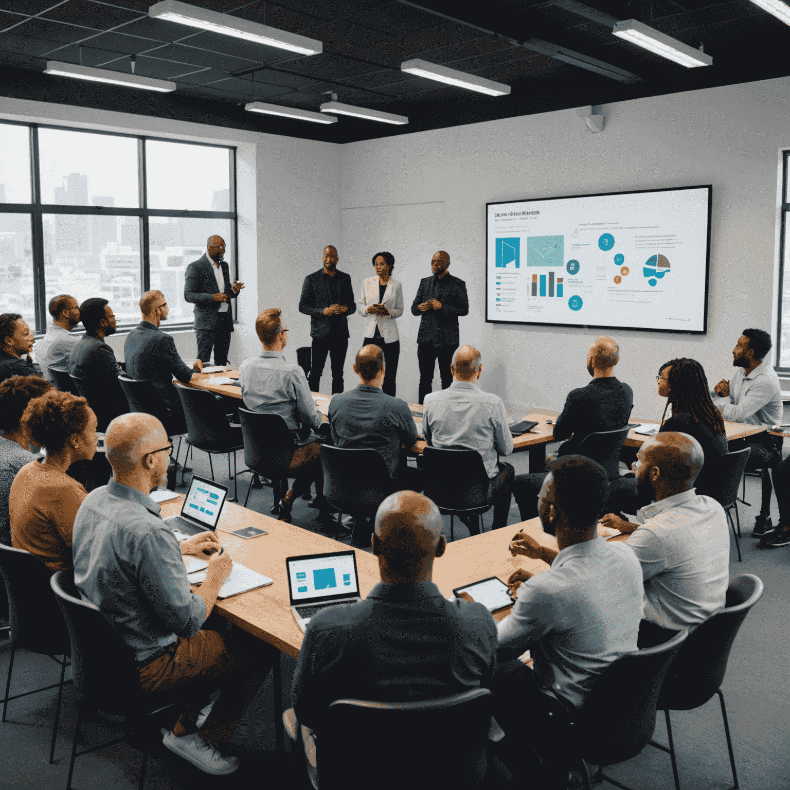 A diverse group of South African SME owners and employees attending a digital skills workshop, with a presenter explaining digital concepts on a large screen